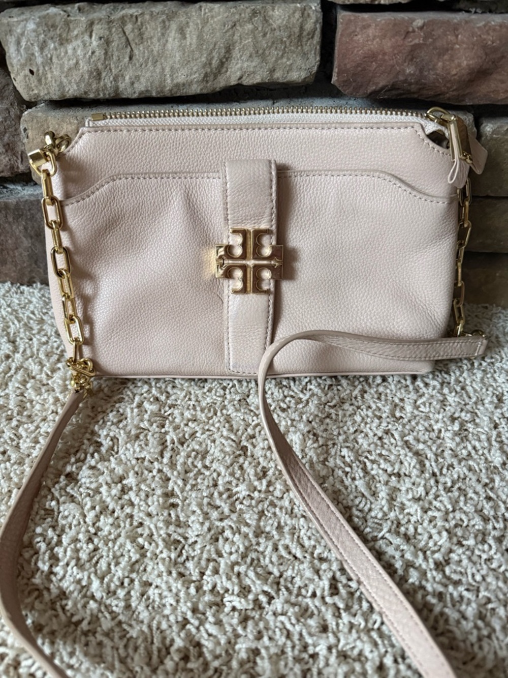 Tory Burch Meyer Blush Pink Leather Crossbody Bag with Gold Logo Chain Strap